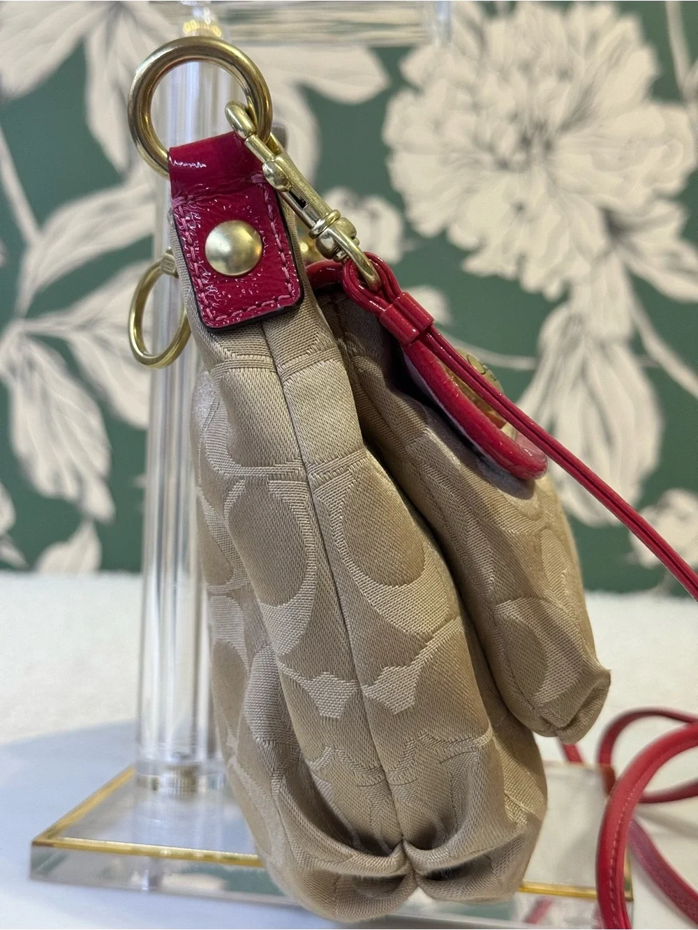 Coach Rare Poppy Tan Signature Canvas Crossbody with Pink Trim EUC